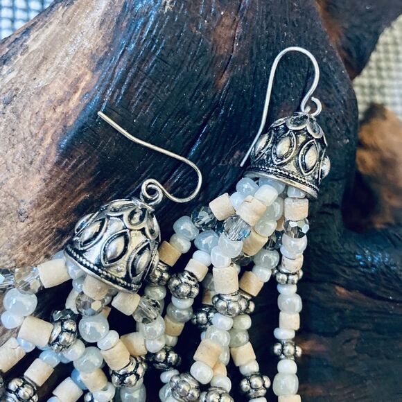 Boho Coastal White Ivory Beaded Silver Earrings - Picture 3 of 3